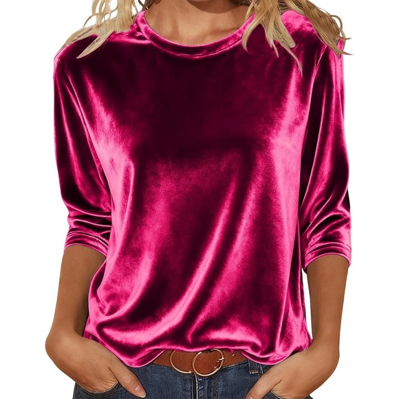 Tops - Womens Velvet Crew Neck Top Magenta Pink 3/4 Sleeve Shimmer Blouse Holiday Party
